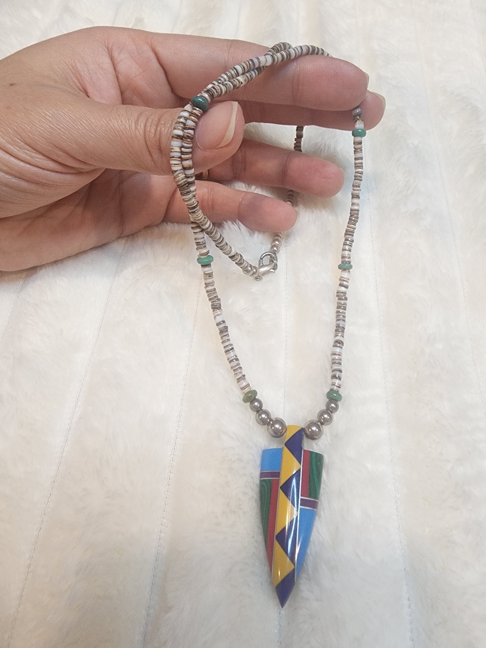 Southwestern Style Multicolor Geometric Inlay Pendant Heishi Bead Necklace